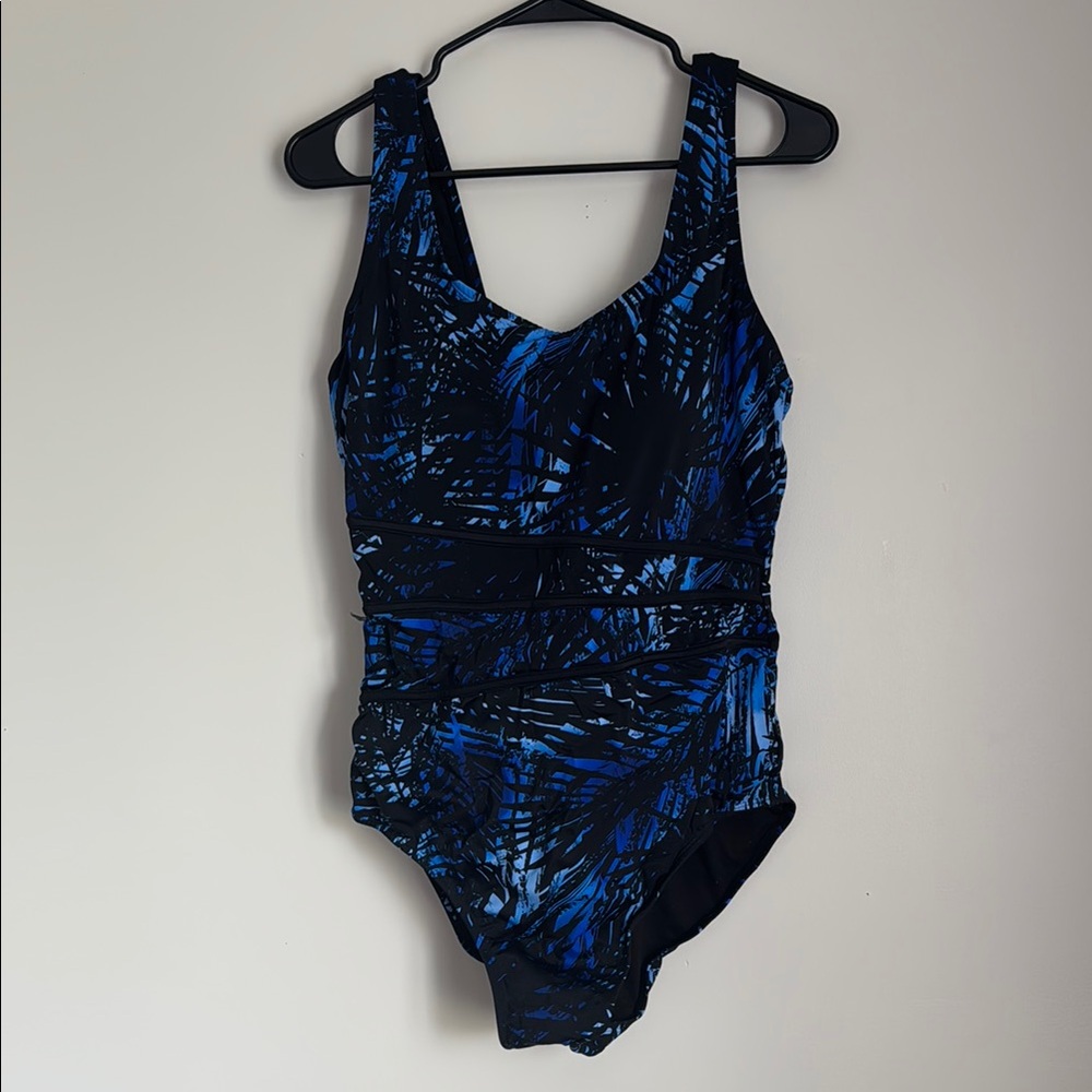 Swimsuits For All Blue and Black One Piece with V-Neckline